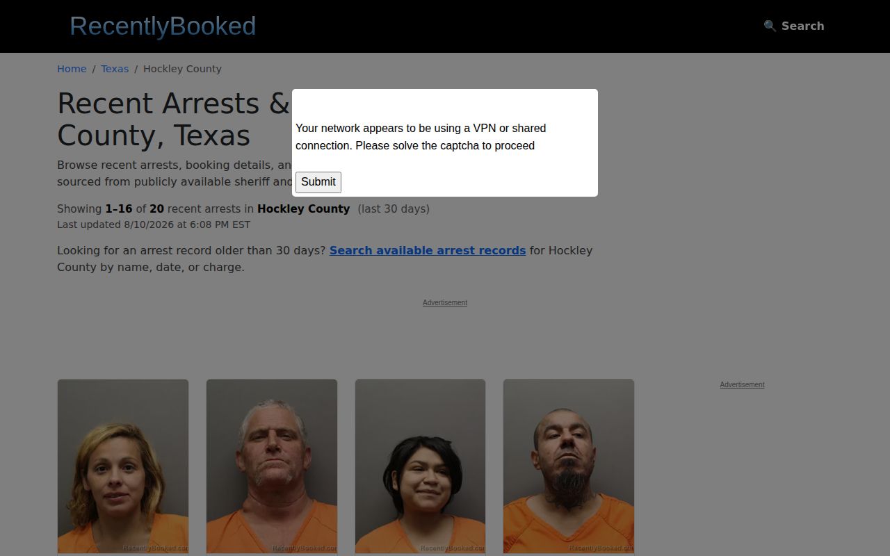 RecentlyBooked Hockley County third-party arrest listing interface
